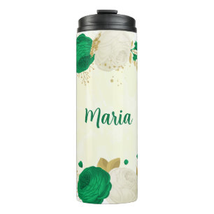 green white flowers gold botanical thermal tumbler