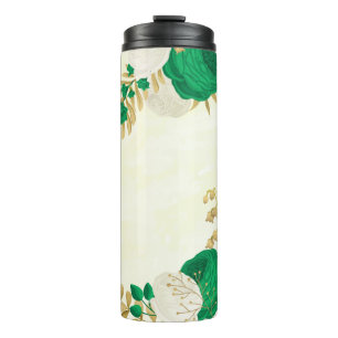 green white flowers gold botanical thermal tumbler