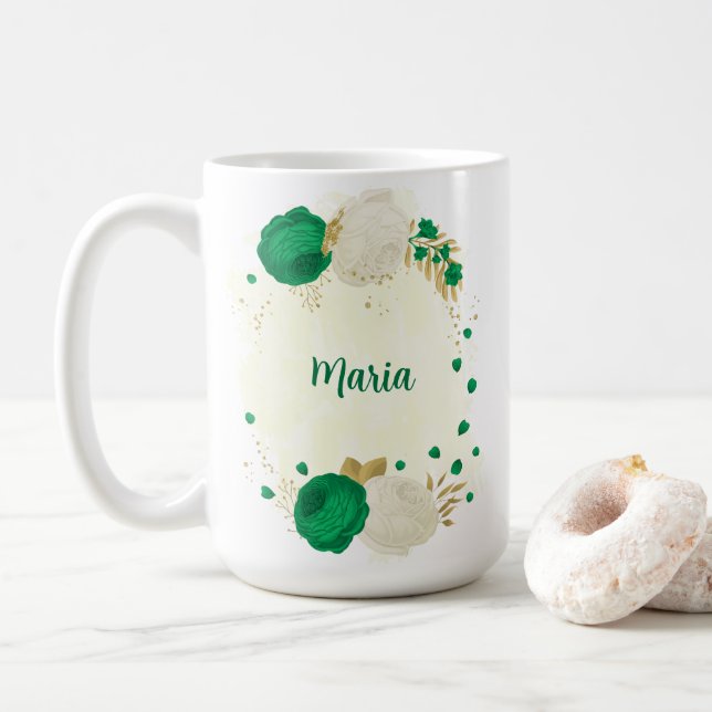green white flowers gold botanical wedding coffee mug (With Donut)