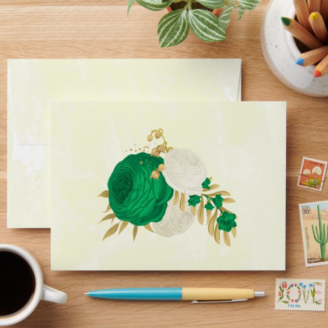 green & white flowers gold botanical wedding envelope (Desk)