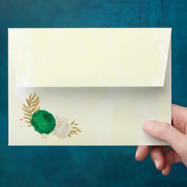 green & white flowers gold botanical wedding envelope (Hand)