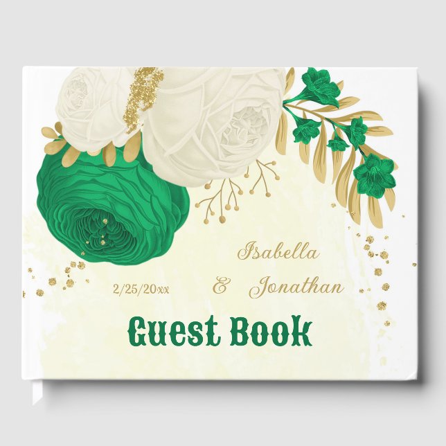 green & white flowers gold botanical wedding guest book (Front)