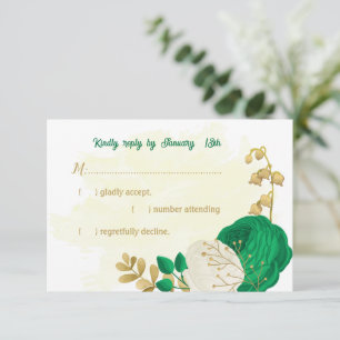 green white flowers gold botanical wedding RSVP ca Card