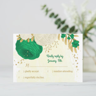 green white flowers gold botanical wedding RSVP card