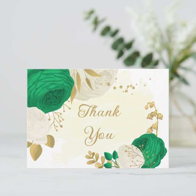 green & white flowers gold botanical wedding thank you card (Standing Front)