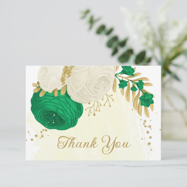 green & white flowers gold botanical wedding thank you card (Standing Front)