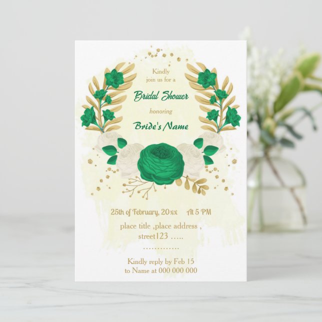 green & white flowers gold bridal shower invitation (Standing Front)
