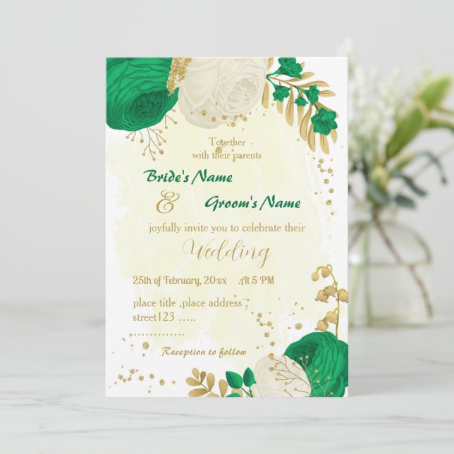 green & white flowers gold wedding  invitation (Standing Front)