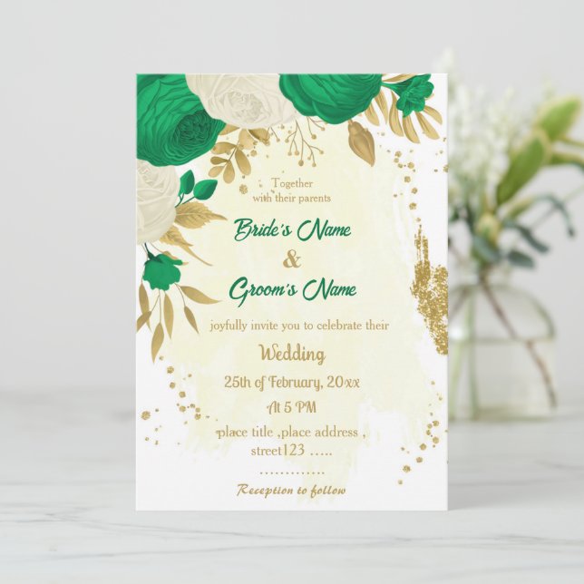 green & white flowers gold wedding invitation (Standing Front)