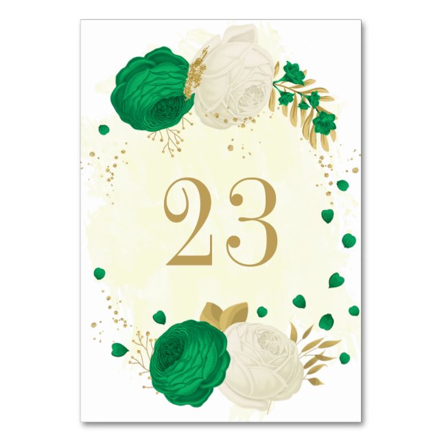 green & white flowers gold wedding table number (Front)