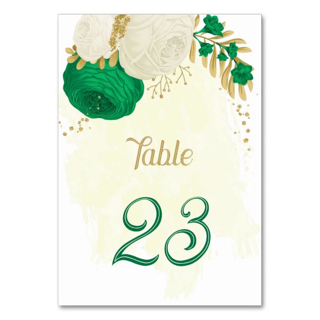 green & white flowers gold wedding table number (Front)