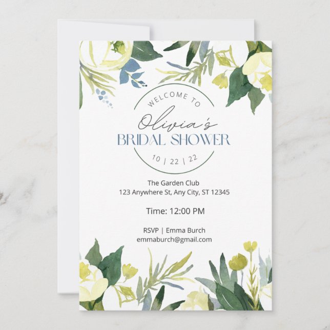 Green & White Garden Blooms Bridal Shower  Invitation (Front)