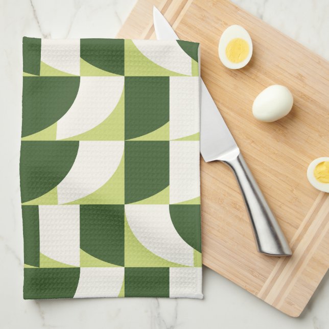 Green White Geometric Abstract Art Tea Towel (Quarter Fold)