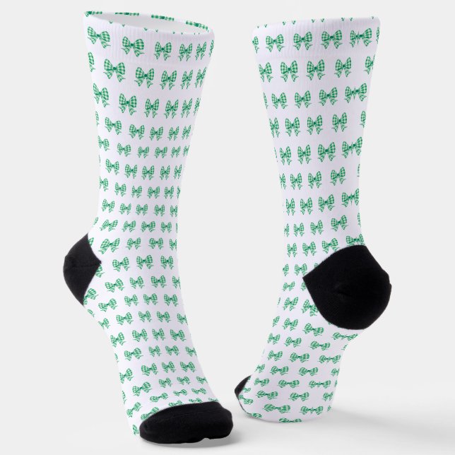 Green-white gingham bow pattern socks (Angled)