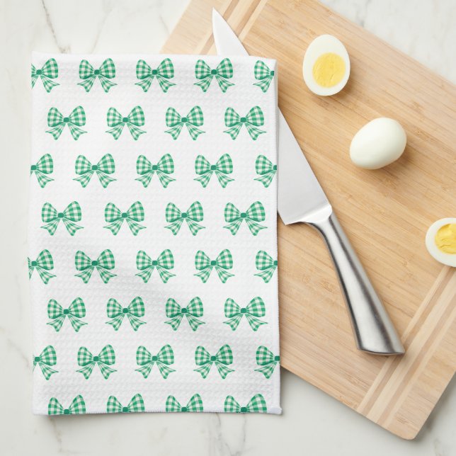 Green-white gingham bow pattern tea towel (Quarter Fold)