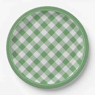 Green/White Gingham Checks Pattern Simple Plaid Paper Plate