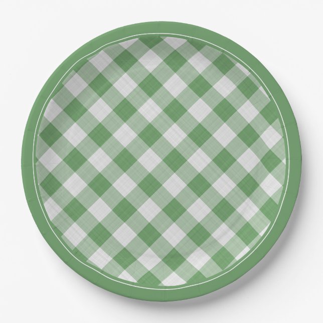 Green/White Gingham Checks Pattern Simple Plaid Paper Plate (Front)