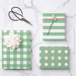 Green White Gingham Dots Striped Matching  Wrapping Paper Sheet