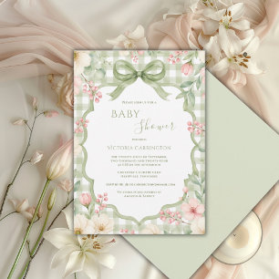 Green White Gingham Floral Whimsical Baby Shower Invitation