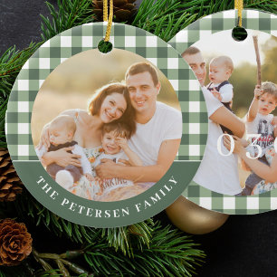 Green white gingham plaid 2 photo family Christmas Ceramic Tree Decoration