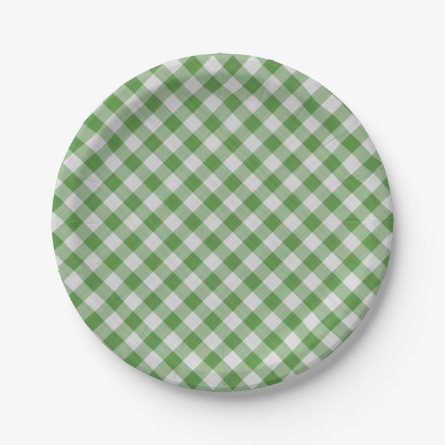 Green White Gingham Plaid Checkered Pattern Paper Plate (Front)