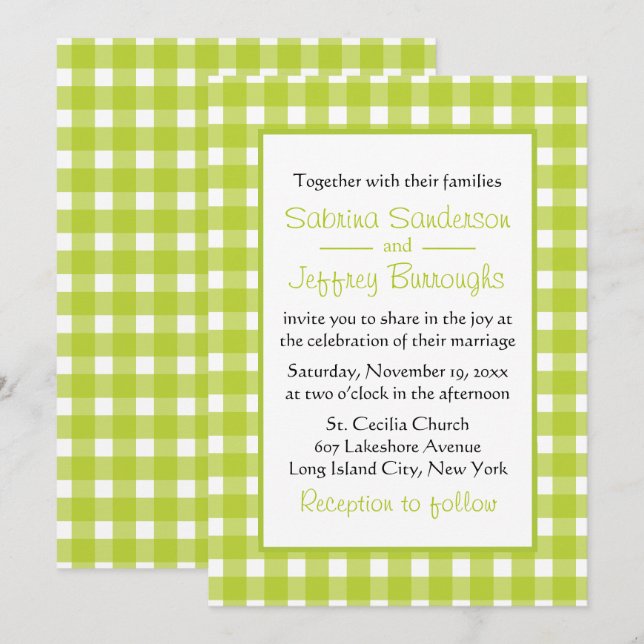 Green White Gingham Plaid Checks Country Wedding Invitation (Front/Back)