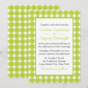 Green White Gingham Plaid Checks Country Wedding Invitation