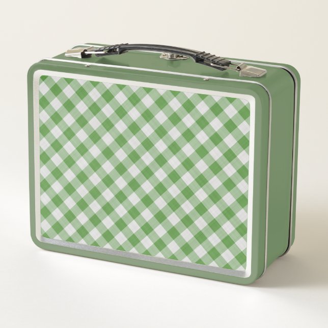Green White Gingham Plaid Chequered Pattern Metal Lunch Box (Back)