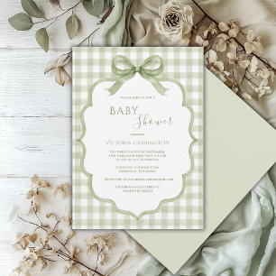 Green White Gingham Whimsical Baby Shower Invitation