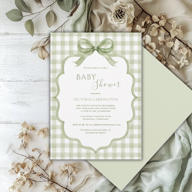 Green White Gingham Whimsical Baby Shower Invitation (Creator Uploaded)