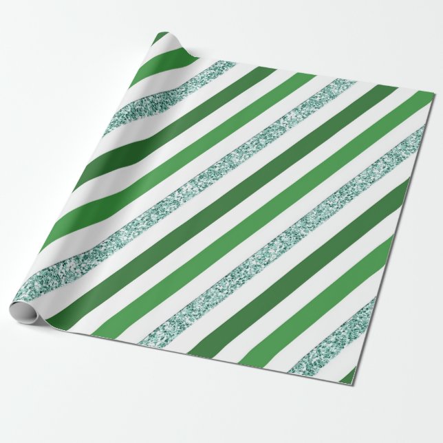 Green White Glitter Striped Holiday Wrapping Paper (Unrolled)
