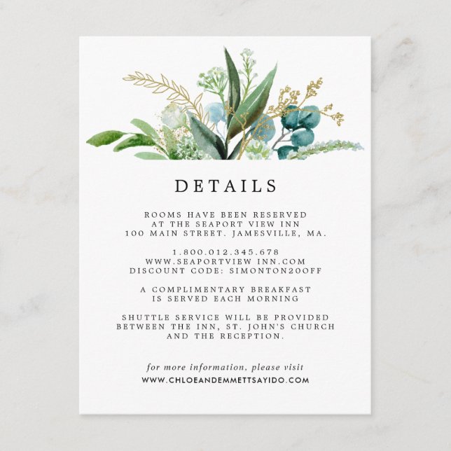 Green White Gold Botanical Wedding Guest Details Enclosure Card (Front)