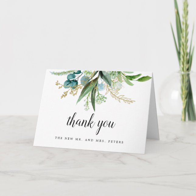 Green White Gold Botanical Wedding Photo Thank You Card (Front)