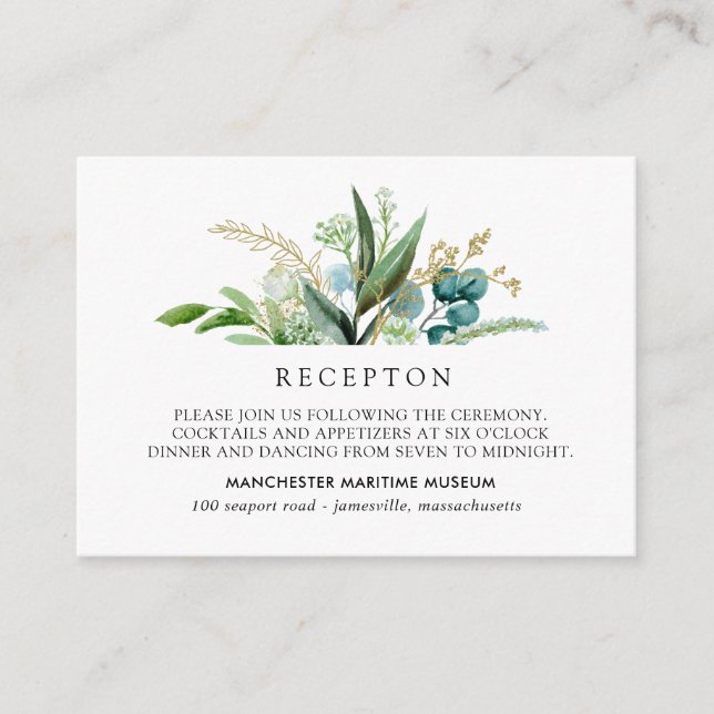 Green White Gold Botanical Wedding Reception Enclosure Card (Front)