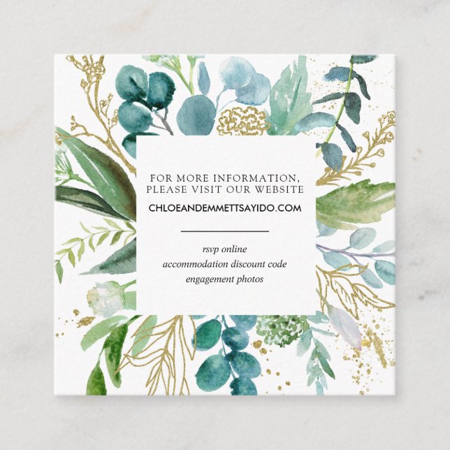 Green White Gold Botanical Wedding Website Enclosure Card (Front)