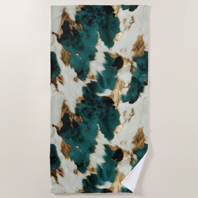 Green White Gold Cowhide Beach Towel (Front)