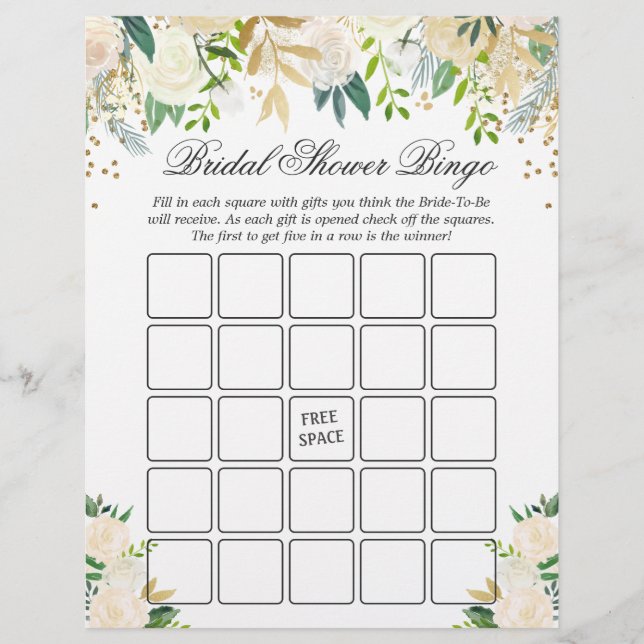 Green White Gold Floral Bridal Shower Bingo Game Flyer (Front)