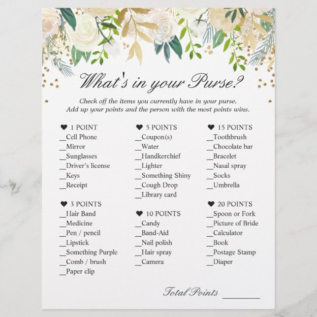 Green White Gold Floral What's In Your Purse Game Flyer (Front)