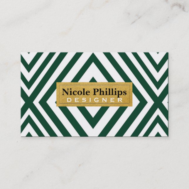 Green White Gold Geometric Line Chic Business Card (Front)