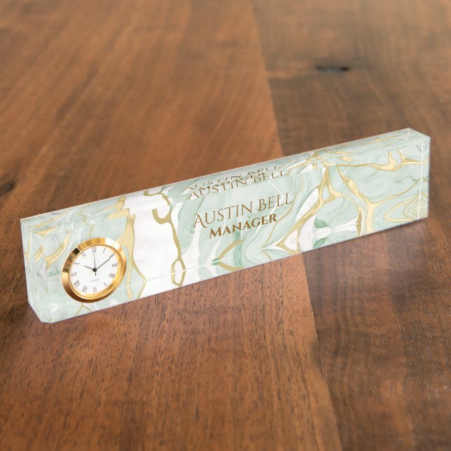 Green White Gold Marble Personalised  Nameplate (Side)