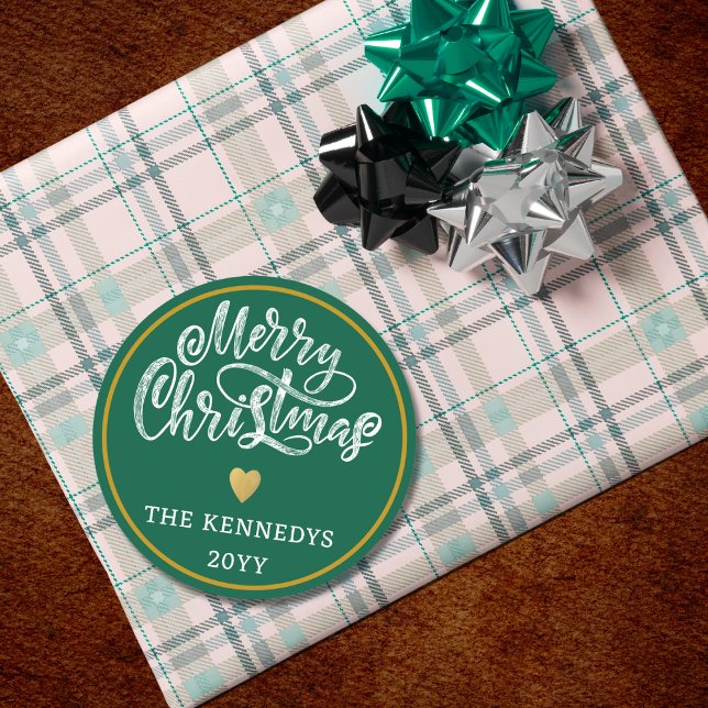 Green  White Gold Merry Christmas Classic Round Sticker (Creator Uploaded)