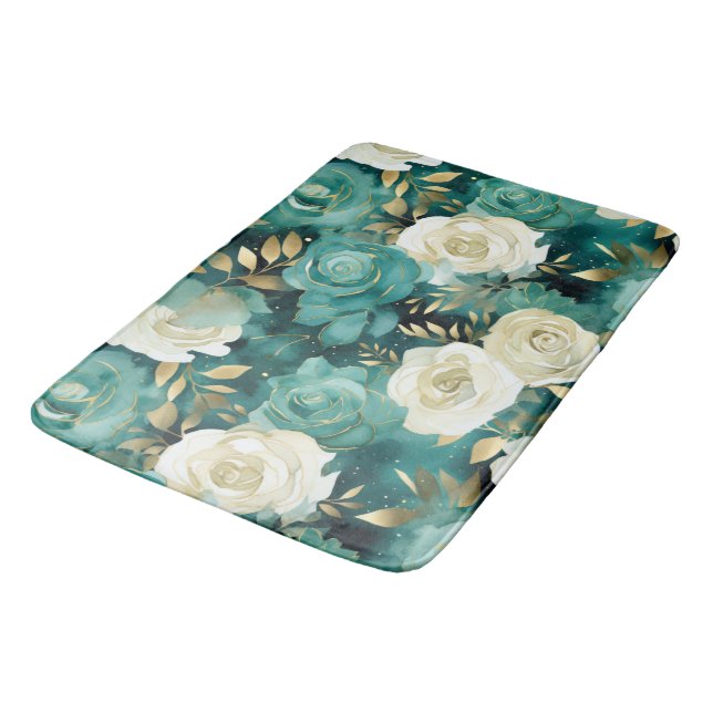 Green White Gold Rose Floral Bath Mat (Angled)