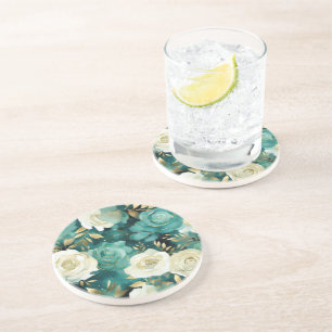 Green White Gold Rose Floral Coaster