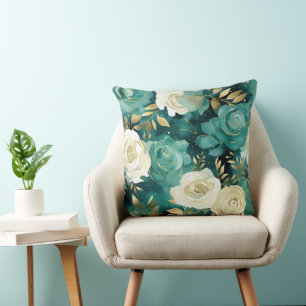 Green White Gold Rose Floral Cushion