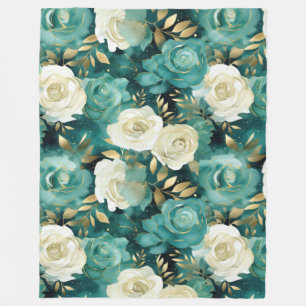 Green White Gold Rose Floral Fleece Blanket