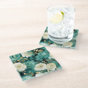 Green White Gold Rose Floral Glass Coaster