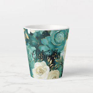 Green White Gold Rose Floral Latte Mug