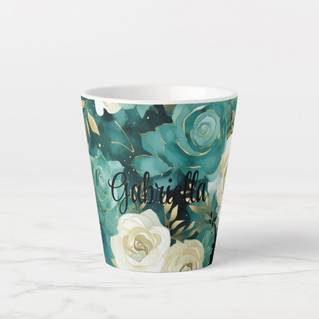 Green White Gold Rose Floral Latte Mug (Front)