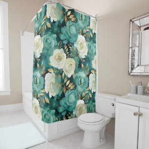 Green White Gold Rose Floral Shower Curtain
