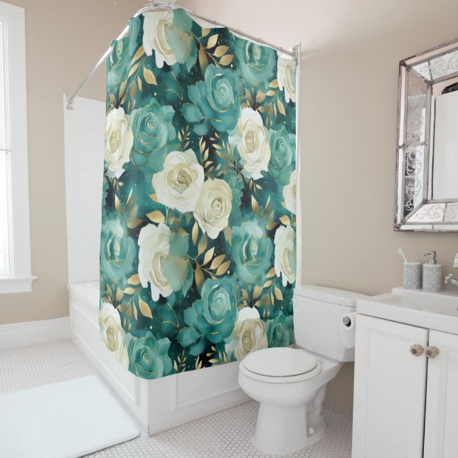 Green White Gold Rose Floral Shower Curtain (In Situ)